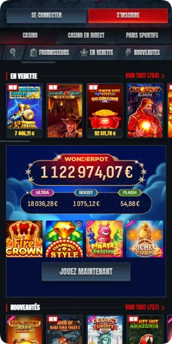 Page d'accueil de Glorion Casino avec le jackpot Wonderpot et les jeux en vedette