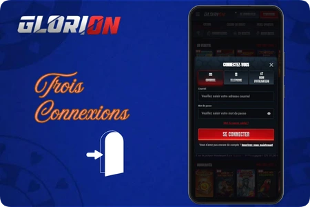 Fenêtre de connexion Glorion Casino avec courriel, téléphone et nom d'utilisateur

