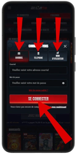 Fenêtre de connexion Glorion Casino proposant courriel, téléphone ou nom d'utilisateur