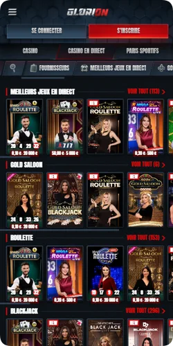 Tables de casino en direct Glorion Casino avec roulette et blackjack menés par des croupiers