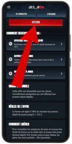 Sélection du bonus de bienvenue via le bouton Obtenir sur Glorion Casino