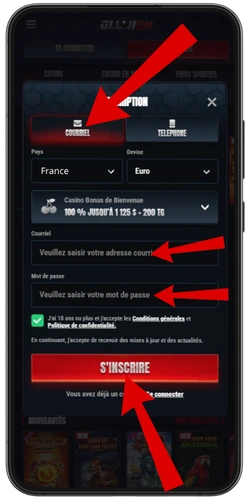 Formulaire d'inscription par courriel de Glorion Casino avec pays France et devise euro