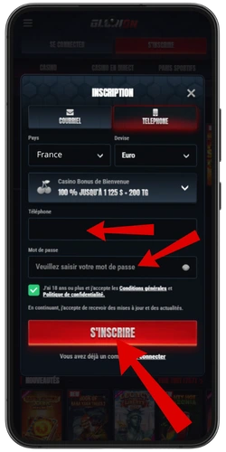 Inscription par téléphone sur Glorion Casino avec champ numéro et mot de passe