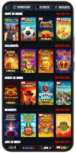 Catalogue de jeux Glorion Casino avec machines à sous, Megaways et achats de bonus