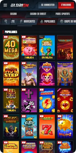 Machines à sous populaires de Glorion Casino rangées dans l'onglet Populaires