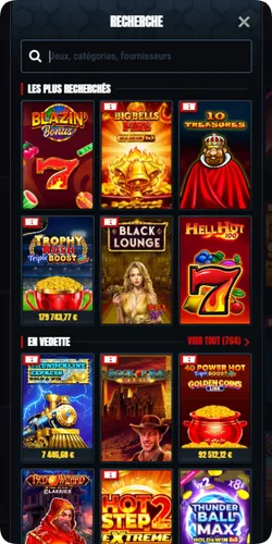 Moteur de recherche de Glorion Casino listant les titres les plus recherchés
